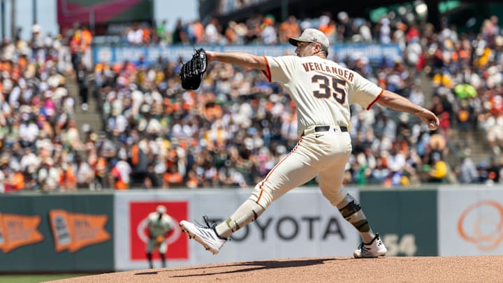 May 18, 2025; San Francisco, California, USA; San Francisco Giants pitcher Justin Verlander (35) throws a pitch first inning against the Oakland Athletics at Oracle Park. Mandatory Credit: Bob Kupbens-Imagn Images
