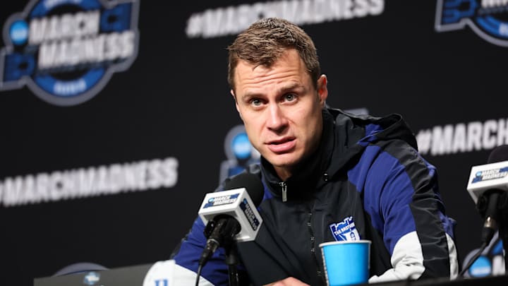 Mar 28, 2024; Dallas, TX, USA;  Duke basketball head coach Jon Scheyer speaks to the media