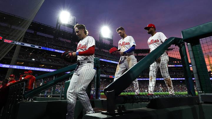 Aug 4, 2026; Philadelphia, Pennsylvania, USA; Philadelphia Phillies second baseman Bryson Stott (L) and shortstop Trea Turner (M) and second baseman Luis Arraez (R) walk back to the dugout after the top of seventh inning against the Washington Nationals at Citizens Bank Park. Mandatory Credit: Bill Streicher-Imagn Images Aug 4, 2026; Philadelphia, Pennsylvania, USA; Philadelphia Phillies second baseman Bryson Stott (L) and shortstop Trea Turner (M) and second baseman Luis Arraez (R) walk back to the dugout after the top of seventh inning against the Washington Nationals at Citizens Bank Park. Mandatory Credit: Bill Streicher-Imagn Images