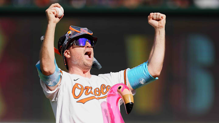 Oct 1, 2023; Baltimore, Maryland, USA; Baltimore Orioles fan Mr. Splash threw out the ceremonial