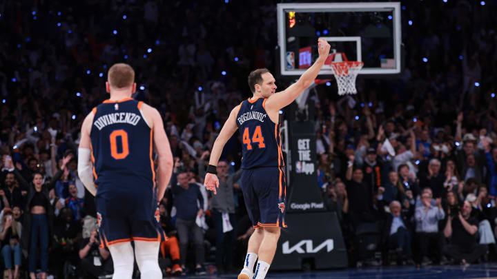 Apr 22, 2024; New York, New York, USA;  New York Knicks forward Bojan Bogdanovic (44) reacts after
