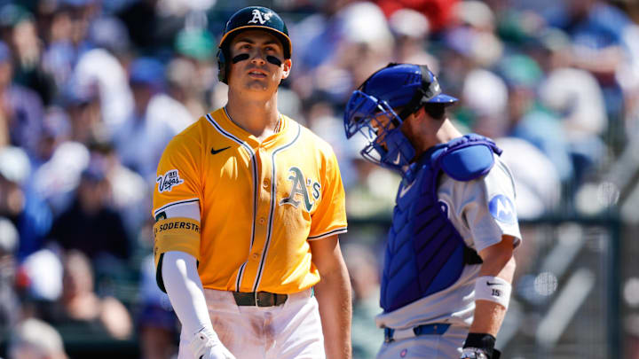 Apr 2, 2025; West Sacramento, California, USA; Athletics first base Tyler Soderstrom (21) looks on after striking out during the fifth inning against the Chicago Cubs at Sutter Health Park. Mandatory Credit: Sergio Estrada-Imagn Images Apr 2, 2025; West Sacramento, California, USA; Athletics first base Tyler Soderstrom (21) looks on after striking out during the fifth inning against the Chicago Cubs at Sutter Health Park. Mandatory Credit: Sergio Estrada-Imagn Images