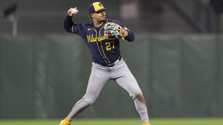 Sep 10, 2024; San Francisco, California, USA;  Milwaukee Brewers shortstop Willy Adames (27) throws the ball during the third inning against the San Francisco Giants at Oracle Park.