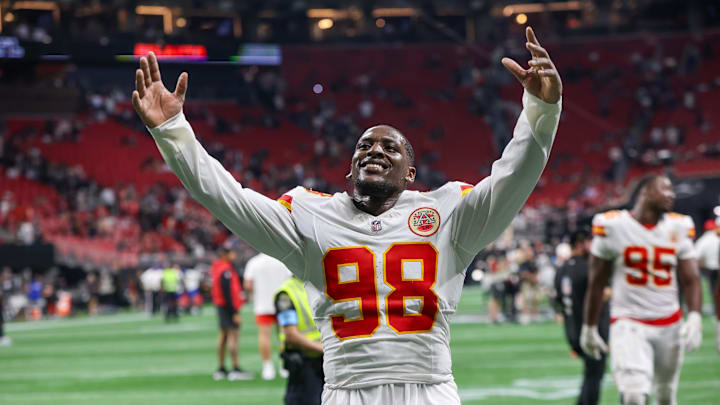 Sep 22, 2024; Atlanta, Georgia, USA; Kansas City Chiefs defensive tackle Tershawn Wharton (98) celebrates after a victory over the Atlanta Falcons at Mercedes-Benz Stadium. Mandatory Credit: Brett Davis-Imagn Images