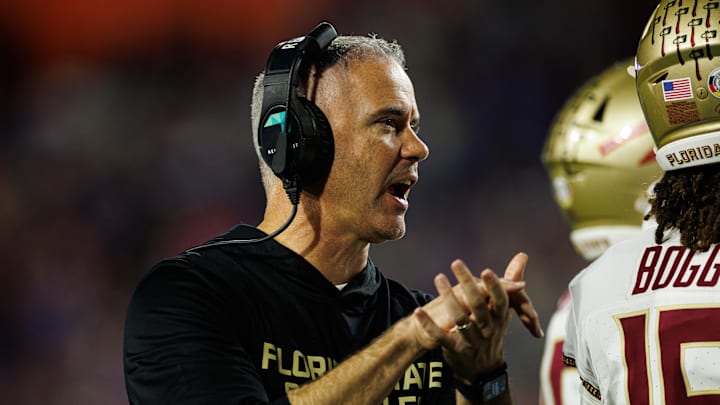 Nov 29, 2025; Gainesville, Florida, USA; Florida State Seminoles head coach Mike Norvell gestures against the Florida Gators during the second half at Ben Hill Griffin Stadium. Mandatory Credit: Matt Pendleton-Imagn Images Nov 29, 2025; Gainesville, Florida, USA; Florida State Seminoles head coach Mike Norvell gestures against the Florida Gators during the second half at Ben Hill Griffin Stadium. Mandatory Credit: Matt Pendleton-Imagn Images