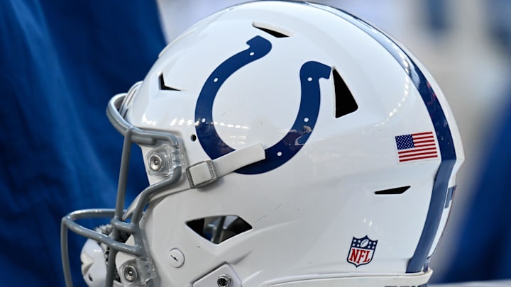 Dec 1, 2024; Foxborough, Massachusetts, USA; An Indianapolis Colts helmet sits on an equipment case during the first half against the New England Patriots at Gillette Stadium. Mandatory Credit: Eric Canha-Imagn Images