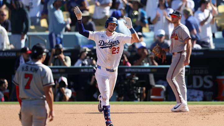 Oct 3, 2026; Los Angeles, California, USA; Los Angeles Dodgers outfielder Kyle Tucker (23) reacts after hitting a two run home run during the sixth inning of game one of the NLDS against the Atlanta Braves for the 2026 MLB Playoffs at Uniqlo Field at Dodger Stadium. Mandatory Credit: Kiyoshi Mio-Imagn Images Oct 3, 2026; Los Angeles, California, USA; Los Angeles Dodgers outfielder Kyle Tucker (23) reacts after hitting a two run home run during the sixth inning of game one of the NLDS against the Atlanta Braves for the 2026 MLB Playoffs at Uniqlo Field at Dodger Stadium. Mandatory Credit: Kiyoshi Mio-Imagn Images