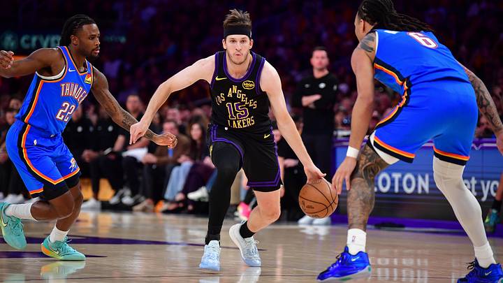 May 11, 2026; Los Angeles, California, USA; Los Angeles Lakers guard Austin Reaves (15) moves the ball against Oklahoma City Thunder forward Jaylin Williams (6) during the first half in game four of the second round of the 2026 NBA Playoffs at Crypto.com Arena. Mandatory Credit: Gary A. Vasquez-Imagn Images May 11, 2026; Los Angeles, California, USA; Los Angeles Lakers guard Austin Reaves (15) moves the ball against Oklahoma City Thunder forward Jaylin Williams (6) during the first half in game four of the second round of the 2026 NBA Playoffs at Crypto.com Arena. Mandatory Credit: Gary A. Vasquez-Imagn Images