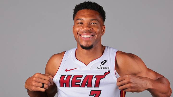 Miami Heat forward Giannis Antetokounmpo (7) poses for a photo (Mandatory Credit: Sam Navarro-Imagn Images)