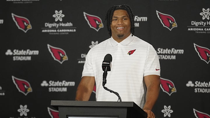 Cardinals defensive lineman Walter Nolen smiles as he answers questions during the introductory news conference inside the Arizona Cardinals training facility on April 25, 2025, in Tempe.
