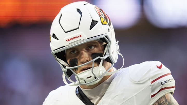 Dec 15, 2024; Glendale, Arizona, USA; Arizona Cardinals tight end Trey McBride (85) against the New England Patriots at State Farm Stadium. Mandatory Credit: Mark J. Rebilas-Imagn Images