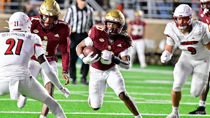 Oct 25, 2024; Chestnut Hill, Massachusetts, USA; Boston College Eagles running back Treshaun Ward (0) runs the ball against the Louisville Cardinals during the first half at Alumni Stadium. Mandatory Credit: Eric Canha-Imagn Images