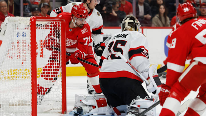 Mar 24, 2026; Detroit, Michigan, USA; Detroit Red Wings center Dylan Larkin (71) tries to score on Ottawa Senators goaltender Linus Ullmark (35) in the second period at Little Caesars Arena. Mandatory Credit: Rick Osentoski-Imagn Images Mar 24, 2026; Detroit, Michigan, USA; Detroit Red Wings center Dylan Larkin (71) tries to score on Ottawa Senators goaltender Linus Ullmark (35) in the second period at Little Caesars Arena. Mandatory Credit: Rick Osentoski-Imagn Images
