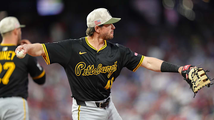 May 17, 2025; Philadelphia, Pennsylvania, USA; Pittsburgh Pirates outfielder Nick Solak (46) throws the ball against the Philadelphia Phillies in the seventh inning at Citizens Bank Park. Mandatory Credit: Kyle Ross-Imagn Images