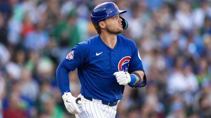 Mar 17, 2026; Mesa, Arizona, USA; Chicago Cubs second baseman Nico Hoerner against the Los Angeles Angels during a spring training game at Sloan Park. 