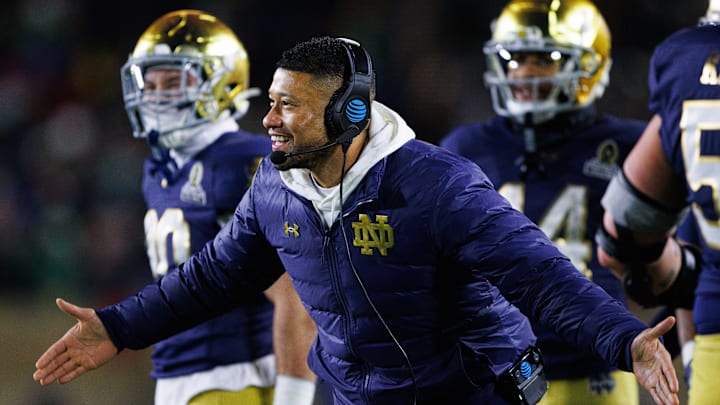 Notre Dame head coach Marcus Freeman celebrates a touchdown scored during the first round of the College Football Playoff between Notre Dame and Indiana at Notre Dame Stadium on Friday, Dec. 20, 2024, in South Bend.