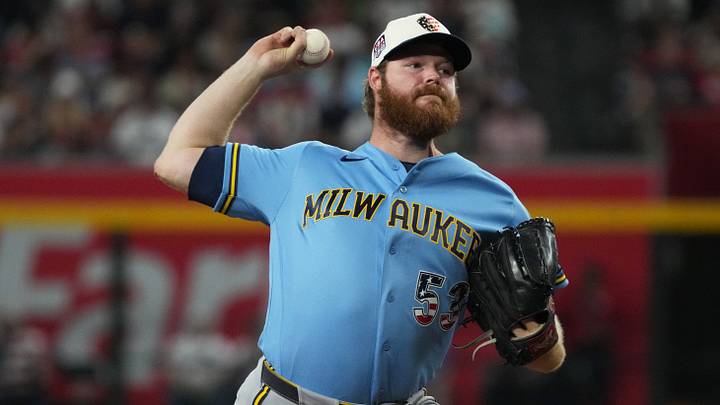 Jul 4, 2026; Phoenix, Arizona, USA; Milwaukee Brewers pitcher Brandon Woodruff (53) throws in the third inning against the Arizona Diamondbacks at Chase Field. Mandatory Credit: Rick Scuteri-Imagn Images