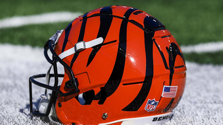 Dec 1, 2024; Cincinnati, Ohio, USA; A general view of the helmet of Cincinnati Bengals long snapper Cal Adomitis (48) during warmups before the game against the Pittsburgh Steelers at Paycor Stadium. Mandatory Credit: Katie Stratman-Imagn Images