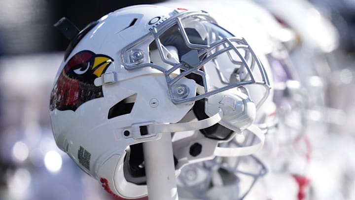 Dec 22, 2024; Charlotte, North Carolina, USA; A general view of Arizona Cardinals helmets during the first quarter against the Carolina Panthers at Bank of America Stadium. Mandatory Credit: Jim Dedmon-Imagn Images