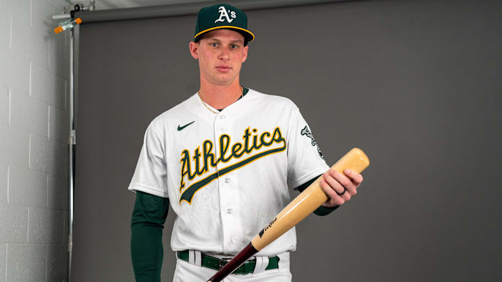 Feb 23, 2023; Mesa, AZ, USA; Oakland Athletics infielder Logan Davidson (49) poses for a portrait during spring training photo day at HoHoKam Stadium. Mandatory Credit: Allan Henry-Imagn Images