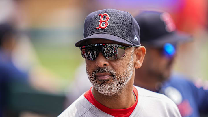 Jun 1, 2025; Cumberland, Georgia, USA; Boston Red Sox manager Alex Cora (13) shown in the dugout before the game against the Atlanta Braves at Truist Park. Mandatory Credit: Dale Zanine-Imagn Images Jun 1, 2025; Cumberland, Georgia, USA; Boston Red Sox manager Alex Cora (13) shown in the dugout before the game against the Atlanta Braves at Truist Park. Mandatory Credit: Dale Zanine-Imagn Images
