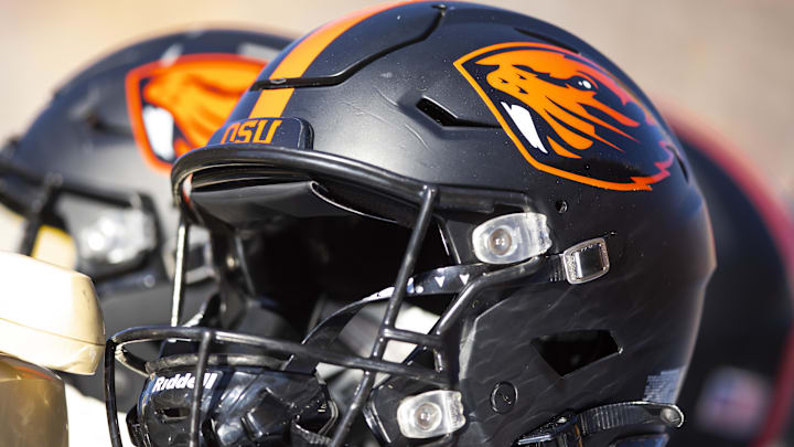 Nov 19, 2022; Tempe, Arizona, USA; Detailed view of an Oregon State Beavers helmet at Sun Devil Stadium. Mandatory Credit: Mark J. Rebilas-Imagn Images