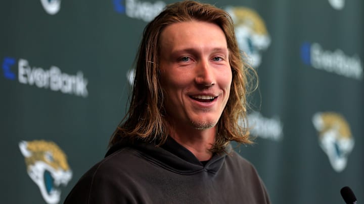 Jacksonville Jaguars quarterback Trevor Lawrence speaks during a press conference at the Miller Electric Center, Monday, April 20, 2026 in Jacksonville, Fla.