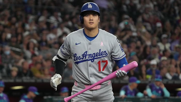 Los Angeles Dodgers Shohei Ohtani (17) reacts after striking out against the Arizona Diamondbacks.