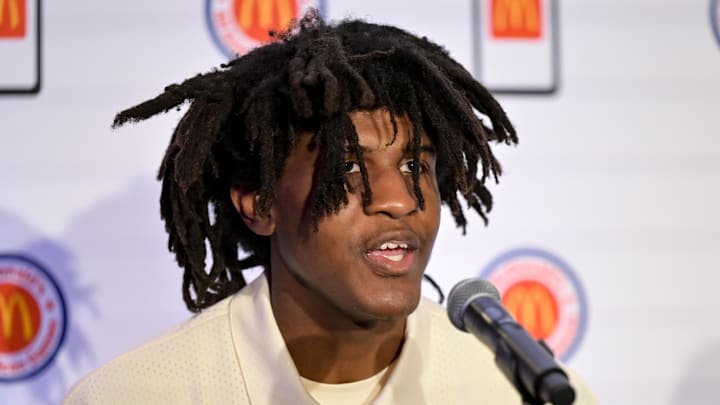 Apr 1, 2024; Houston, TX, USA; McDonald's All American East forward Jayden Quaintance speaks during