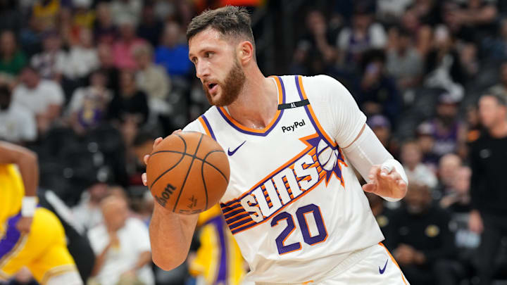 Oct 17, 2024; Phoenix, Arizona, USA; Phoenix Suns center Jusuf Nurkic (20) dribbles against the Los Angeles Lakers during the first half at Footprint Center. Mandatory Credit: Joe Camporeale-Imagn Images Oct 17, 2024; Phoenix, Arizona, USA; Phoenix Suns center Jusuf Nurkic (20) dribbles against the Los Angeles Lakers during the first half at Footprint Center. Mandatory Credit: Joe Camporeale-Imagn Images