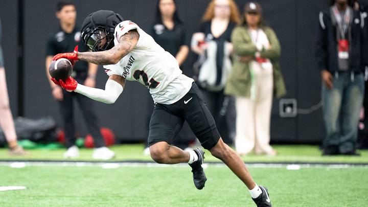 Cincinnati Bearcats wide receiver Larenzo Fenner (2) catches a pass during the Cincinnati Bearcats Spring Showcase in Cincinnati on Saturday, April 18, 2026.