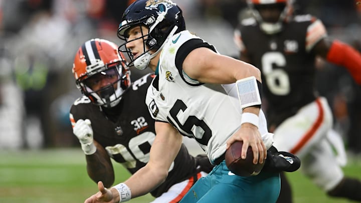 Dec 10, 2023; Cleveland, Ohio, USA; Jacksonville Jaguars quarterback Trevor Lawrence (16) scrambles