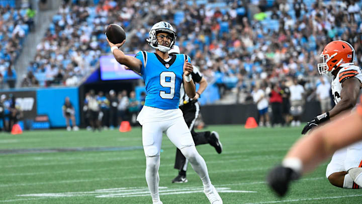 Aug 8, 2025; Charlotte, North Carolina, USA; Carolina Panthers quarterback Bryce Young (9) throws a touchdown pass in the first quarter at Bank of America Stadium. Mandatory Credit: Bob Donnan-Imagn Images Aug 8, 2025; Charlotte, North Carolina, USA; Carolina Panthers quarterback Bryce Young (9) throws a touchdown pass in the first quarter at Bank of America Stadium. Mandatory Credit: Bob Donnan-Imagn Images