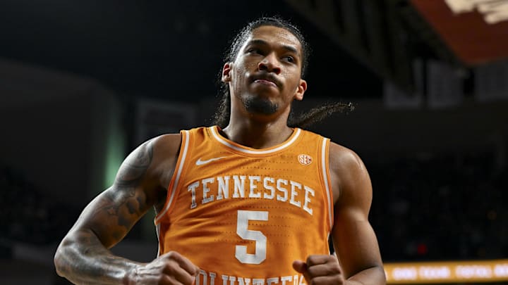 Feb 22, 2025; College Station, Texas, USA; Tennessee Volunteers guard Zakai Zeigler (5) reacts during the second half against the Texas A&M Aggies at Reed Arena. Mandatory Credit: Maria Lysaker-Imagn Images 