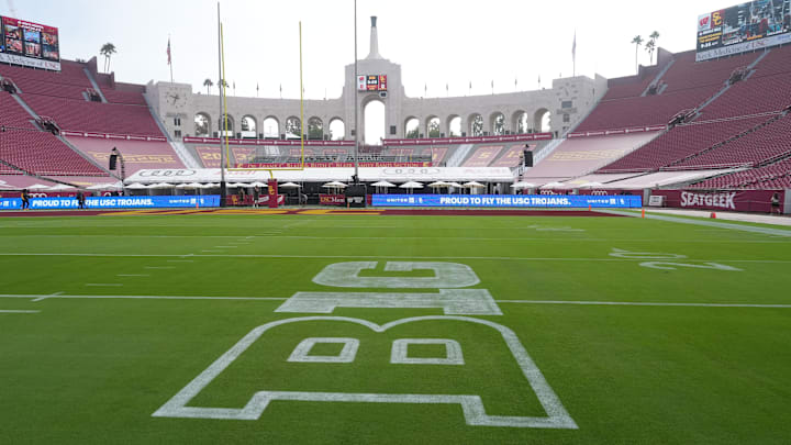 The Big Ten conference logo is seen before a game between the Wisconsin Badgers and the USC Trojans at United Airlines Field at Los Angeles Memorial Coliseum. 