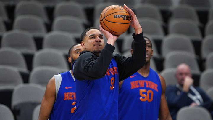 Jun 2, 2026; San Antonio, TX, USA; New York Knicks guard Kevin McCullar Jr (9) attends practice during the NBA finals media day at Frost Bank Center. Mandatory Credit: Dustin Safranek-Imagn Images Jun 2, 2026; San Antonio, TX, USA; New York Knicks guard Kevin McCullar Jr (9) attends practice during the NBA finals media day at Frost Bank Center. Mandatory Credit: Dustin Safranek-Imagn Images