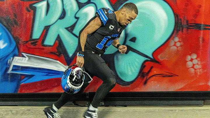 Jan 5, 2025; Detroit, Michigan, USA; Detroit Lions wide receiver Amon-Ra St. Brown (14) runs up the tunnel after the game against the Minnesota Vikings at Ford Field. Mandatory Credit: David Reginek-Imagn Images