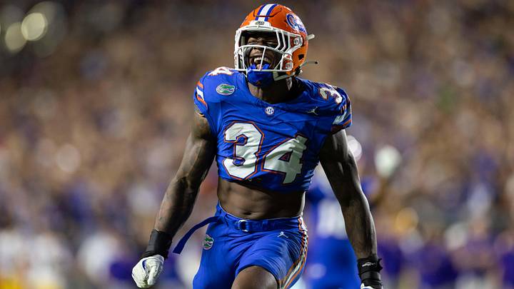 Nov 16, 2024; Gainesville, Florida, USA; Florida Gators defensive end George Gumbs Jr. (34) reacts after a sack on the quarterback against the LSU Tigers during the second half at Ben Hill Griffin Stadium. Mandatory Credit: Matt Pendleton-Imagn Images