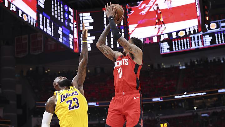 Apr 24, 2026; Houston, Texas, USA; Los Angeles Lakers forward LeBron James (23) defends against Houston Rockets forward Jabari Smith Jr. (10) during the first quarter during game three of the first round of the 2026 NBA Playoffs at Toyota Center. Mandatory Credit: Troy Taormina-Imagn Images Apr 24, 2026; Houston, Texas, USA; Los Angeles Lakers forward LeBron James (23) defends against Houston Rockets forward Jabari Smith Jr. (10) during the first quarter during game three of the first round of the 2026 NBA Playoffs at Toyota Center. Mandatory Credit: Troy Taormina-Imagn Images