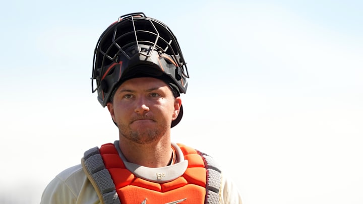 Mar 27, 2026; San Francisco, California, USA; San Francisco Giants catcher Patrick Bailey (14) during the fourth inning against the New York Yankees at Oracle Park. Mandatory Credit: Darren Yamashita-Imagn Images