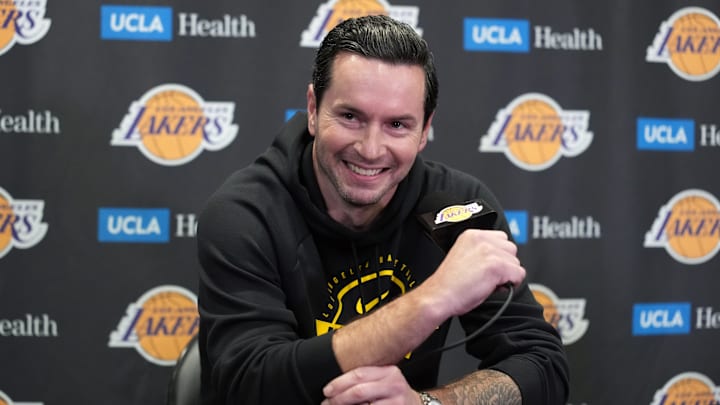 Nov 18, 2025; Los Angeles, California, USA; Los Angeles Lakers head coach JJ Redick at press conference at Crypto.com Arena. Mandatory Credit: Kirby Lee-Imagn Images Nov 18, 2025; Los Angeles, California, USA; Los Angeles Lakers head coach JJ Redick at press conference at Crypto.com Arena. Mandatory Credit: Kirby Lee-Imagn Images
