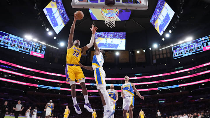 Mar 6, 2026; Los Angeles, California, USA; Los Angeles Lakers forward Rui Hachimura (28) shoots the ball against the Los Angeles Lakers forward LeBron James (23) in the second half at Crypto.com Arena. Mandatory Credit: Kirby Lee-Imagn Images