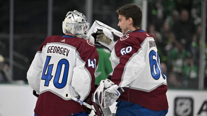 May 7, 2024; Dallas, Texas, USA; Colorado Avalanche goaltender Alexandar Georgiev (40) and goaltender Justus Annunen (60) celebrate the win over the Dallas Stars in the overtime period in game one of the second round of the 2024 Stanley Cup Playoffs at American Airlines Center. Mandatory Credit: Jerome Miron-USA TODAY Sports May 7, 2024; Dallas, Texas, USA; Colorado Avalanche goaltender Alexandar Georgiev (40) and goaltender Justus Annunen (60) celebrate the win over the Dallas Stars in the overtime period in game one of the second round of the 2024 Stanley Cup Playoffs at American Airlines Center. Mandatory Credit: Jerome Miron-USA TODAY Sports