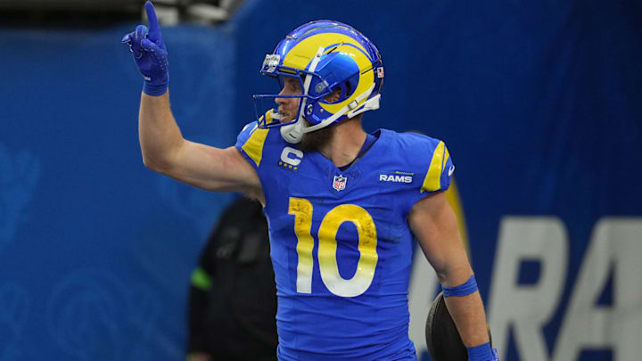 Dec 17, 2023; Inglewood, California, USA; Los Angeles Rams wide receiver Cooper Kupp (10) celebrates after a touchdown in the third quarter against the Washington Commanders at SoFi Stadium. Mandatory Credit: Kirby Lee-Imagn Images Dec 17, 2023; Inglewood, California, USA; Los Angeles Rams wide receiver Cooper Kupp (10) celebrates after a touchdown in the third quarter against the Washington Commanders at SoFi Stadium. Mandatory Credit: Kirby Lee-Imagn Images