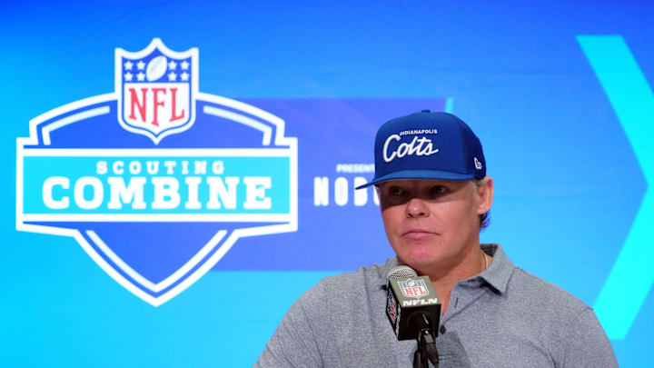 Feb 28, 2024; Indianapolis, IN, USA; Indianapolis Colts general manager Chris Ballard speaks at a press conference at the NFL Scouting Combine at Indiana Convention Center. Mandatory Credit: Kirby Lee-Imagn Images Feb 28, 2024; Indianapolis, IN, USA; Indianapolis Colts general manager Chris Ballard speaks at a press conference at the NFL Scouting Combine at Indiana Convention Center. Mandatory Credit: Kirby Lee-Imagn Images