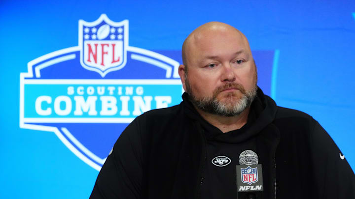 Feb 28, 2024; Indianapolis, IN, USA; New York Jets general manager Joe Douglas speaks at a press conference at the NFL Scouting Combine at Indiana Convention Center.