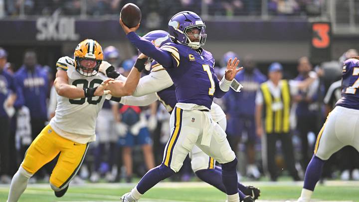 Minnesota Vikings quarterback Kyler Murray (1) drops back to make a pass during the first half against the Green Bay Packers at U.S. Bank Stadium. Minnesota Vikings quarterback Kyler Murray (1) drops back to make a pass during the first half against the Green Bay Packers at U.S. Bank Stadium.