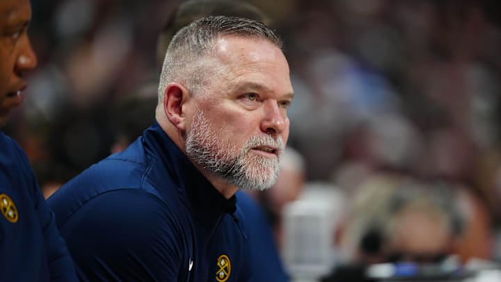 Apr 6, 2025; Denver, Colorado, USA; Denver Nuggets head coach Michael Malone during the second quarter against the Indiana Pacers at Ball Arena. Mandatory Credit: Ron Chenoy-Imagn Images
