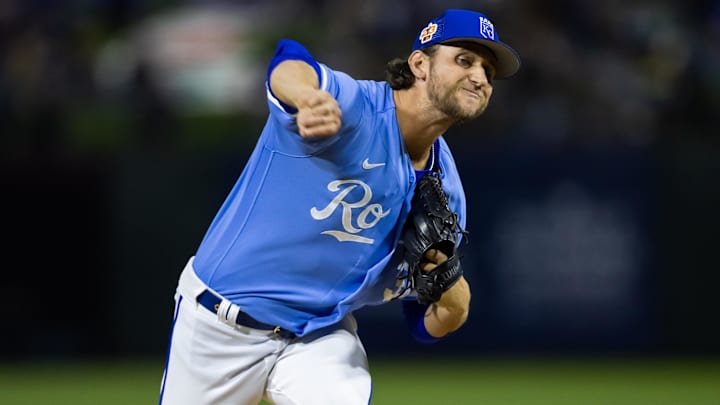 Kansas City Royals reliever Jackson Kowar throws against the Los Angeles Dodgers during a spring training game March 4, 2023, at Surprise Stadium. Kansas City Royals reliever Jackson Kowar throws against the Los Angeles Dodgers during a spring training game March 4, 2023, at Surprise Stadium.