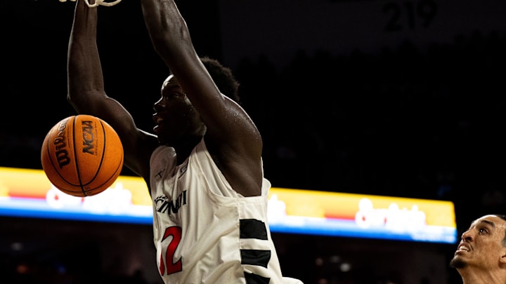 Cincinnati Bearcats center Moustapha Thiam (52) dunks in the second half of the NCAA basketball game against the Georgia State Panthers at Fifth Third Arena in Cincinnati on Nov. 7, 2025.
